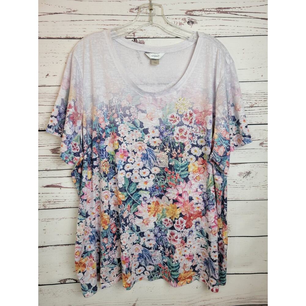 CJ Banks Womens Floral Blouse Rhinestone Accent Short Sleeve Plus Size 3X